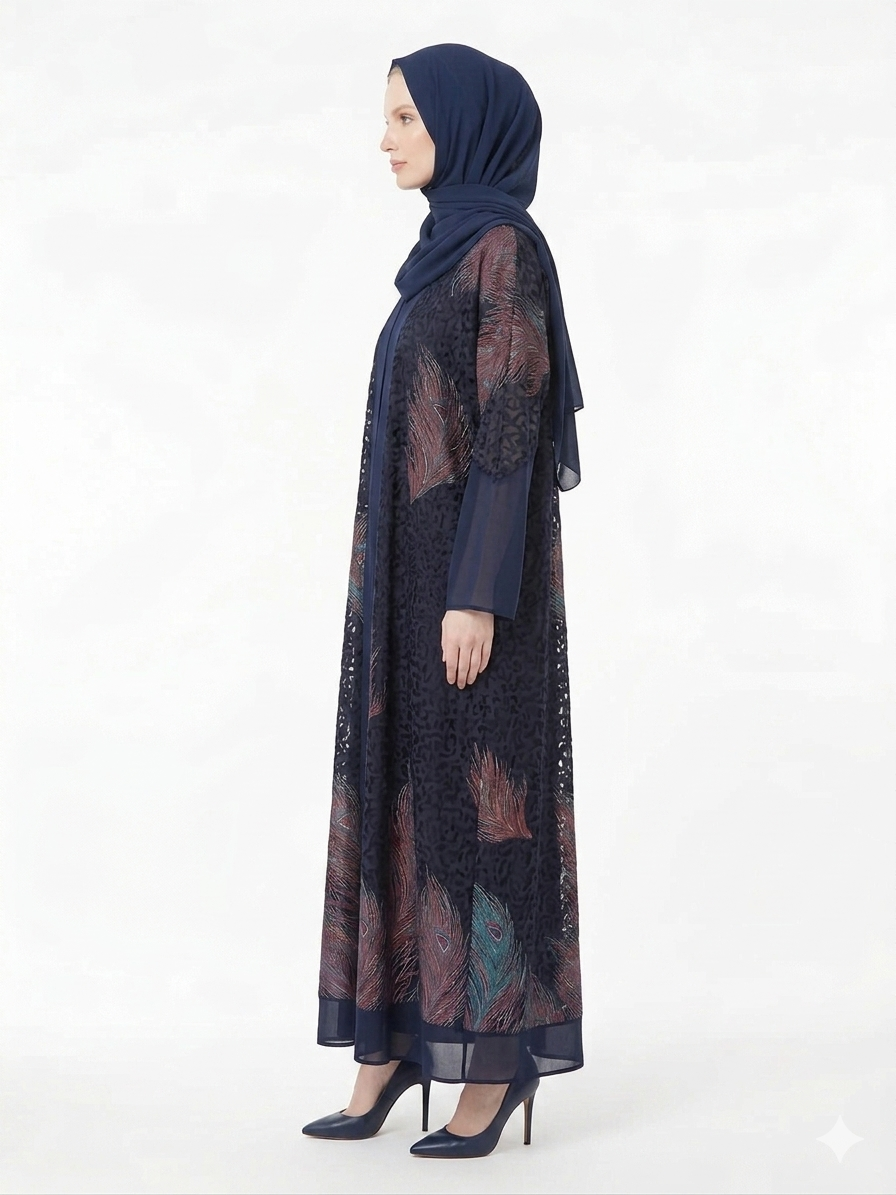 Glamoura X Midnight Navy Sheer Chiffon Printed Abaya | Luxury Modest Wear