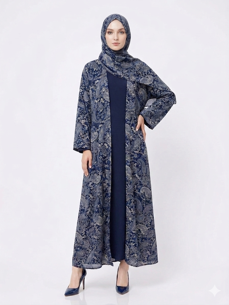 Glamoura X Midnight Blue Paisley Pashmina-Feel Modest Kimono Abaya