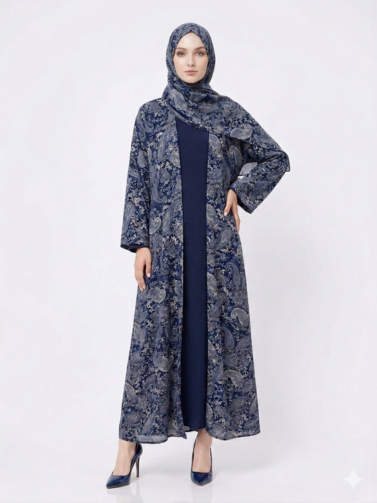 Glamoura X Midnight Blue Paisley Pashmina-Feel Modest Kimono Abaya