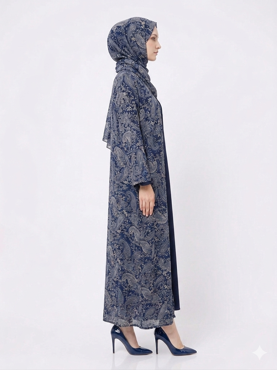 Glamoura X Midnight Blue Paisley Pashmina-Feel Modest Kimono Abaya