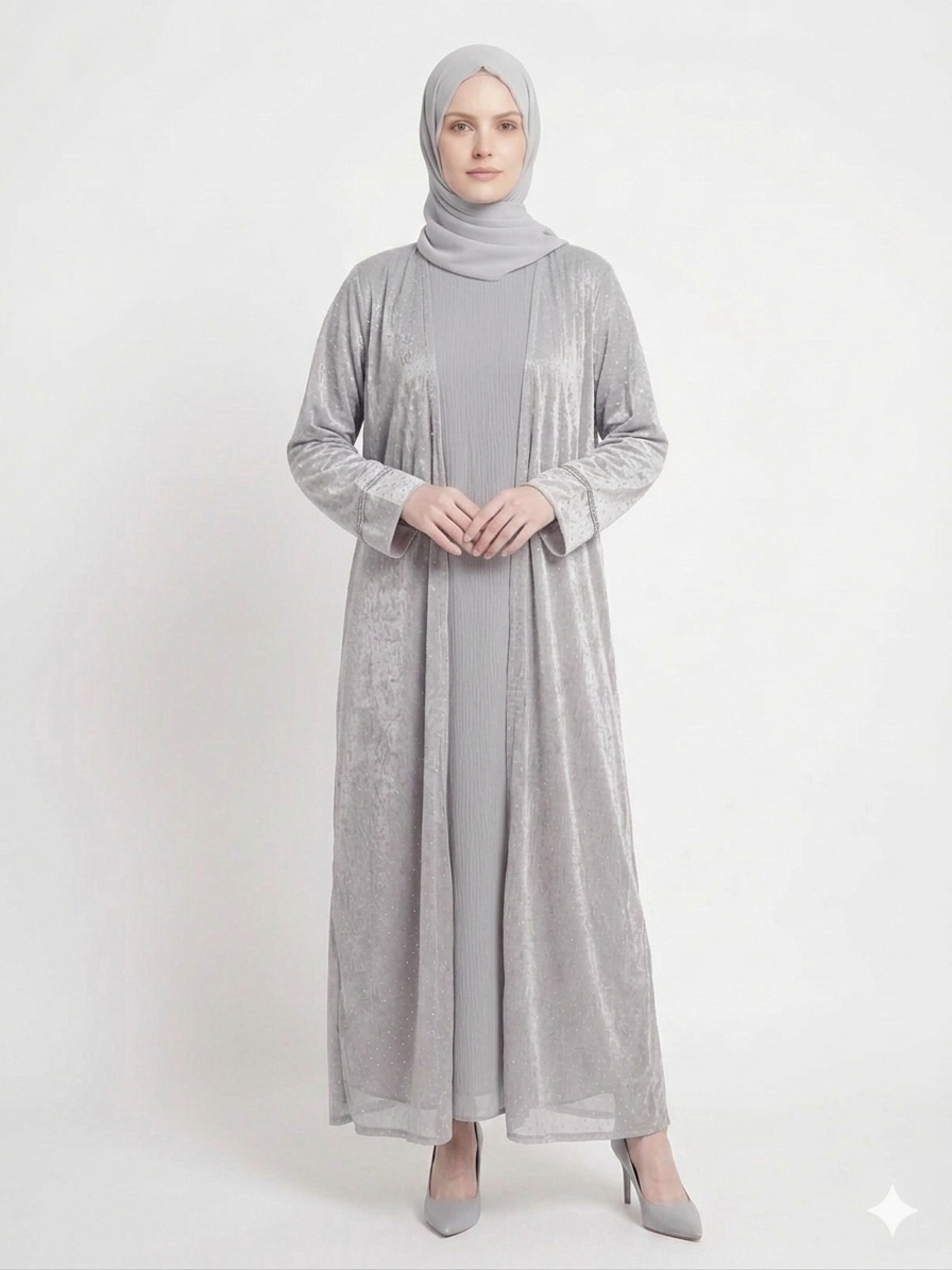 Glamoura X Grey Mist Diamond Embellished Kimono Abaya | Elegant Sheer Modest Wear