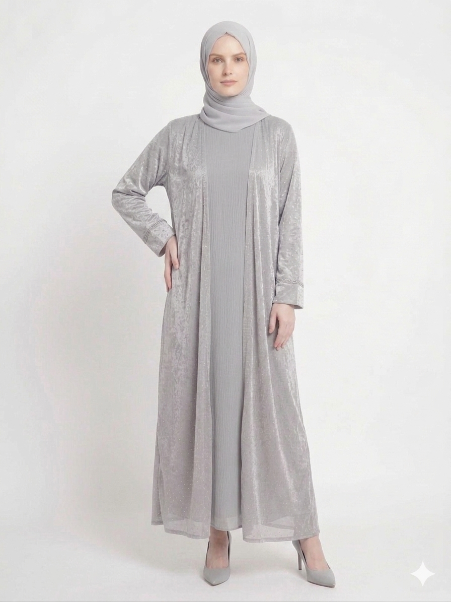 Glamoura X Grey Mist Diamond Embellished Kimono Abaya | Elegant Sheer Modest Wear