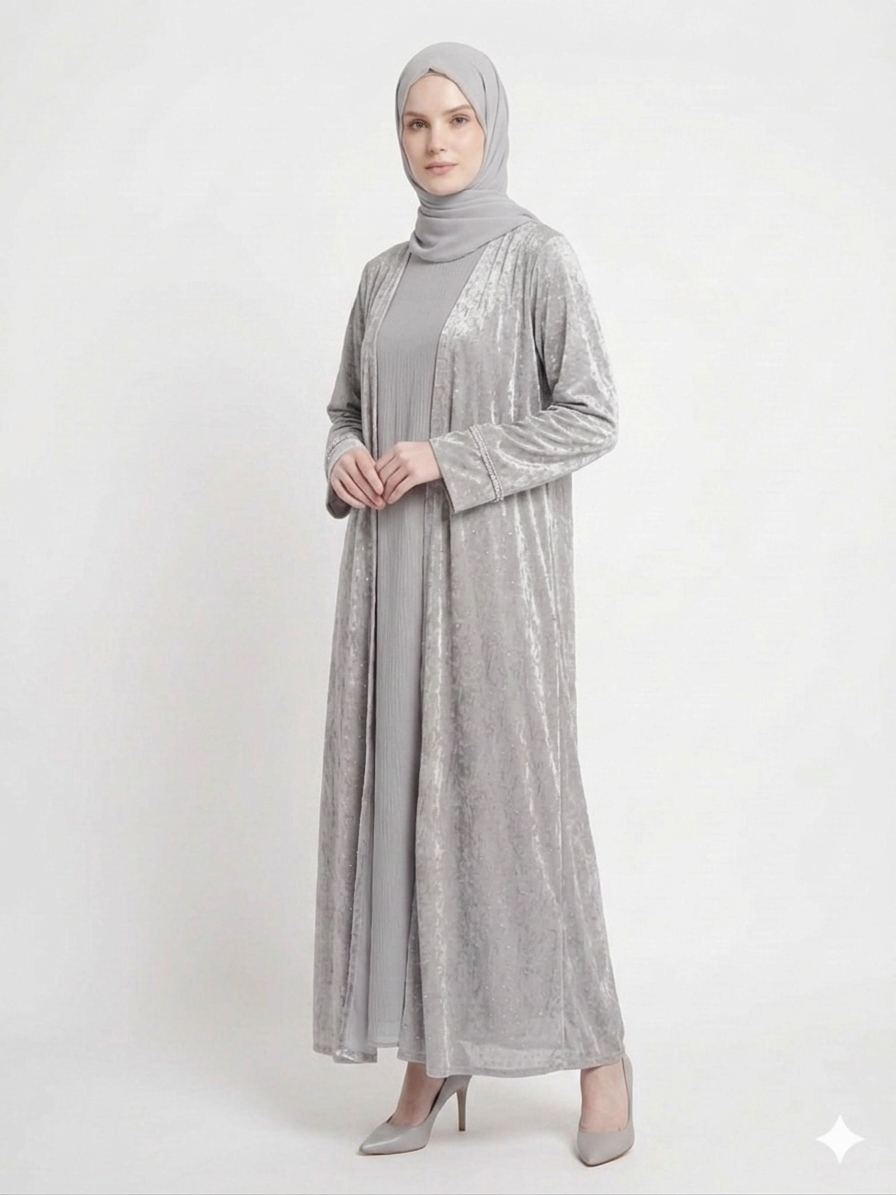Glamoura X Grey Mist Diamond Embellished Kimono Abaya | Elegant Sheer Modest Wear