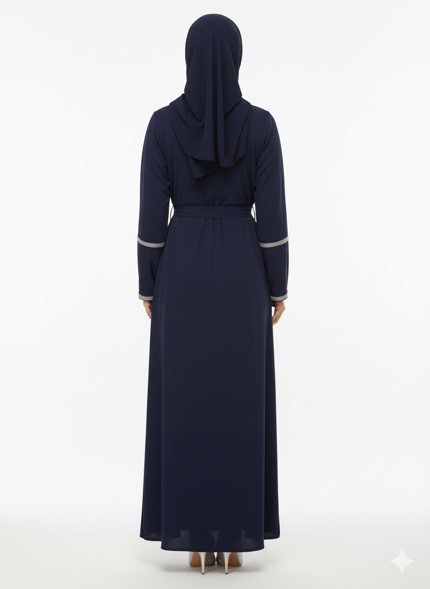 Glamoura X Navy Blue Abaya | Linear Silver Embellished Belted Modest Dress | Premium Evening Gown