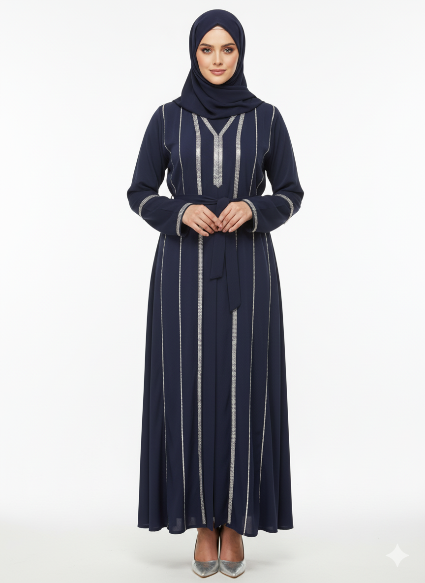 Glamoura X Navy Blue Abaya | Linear Silver Embellished Belted Modest Dress | Premium Evening Gown