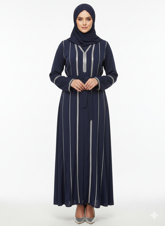Glamoura X Navy Blue Abaya | Linear Silver Embellished Belted Modest Dress | Premium Evening Gown