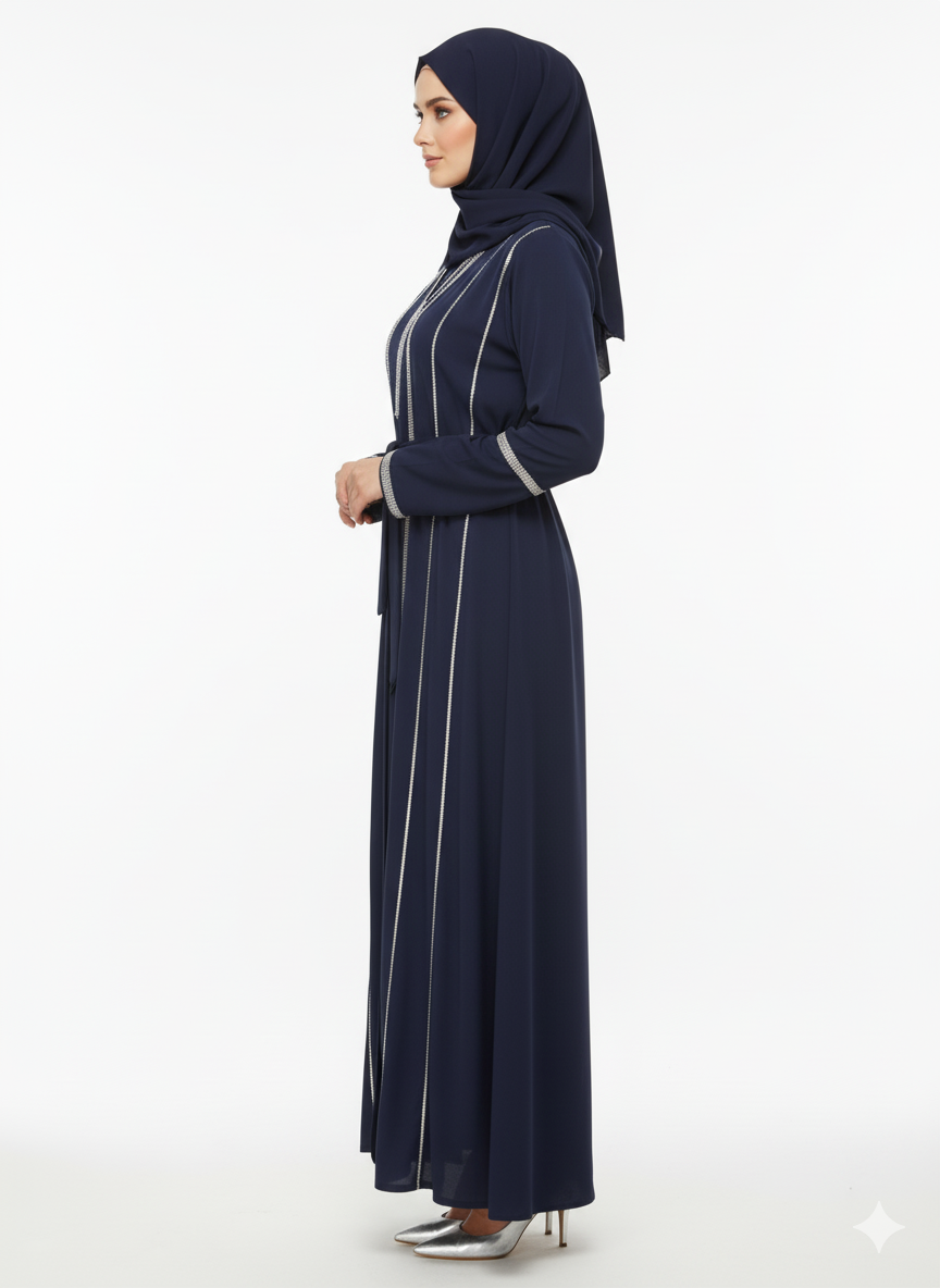 Glamoura X Navy Blue Abaya | Linear Silver Embellished Belted Modest Dress | Premium Evening Gown