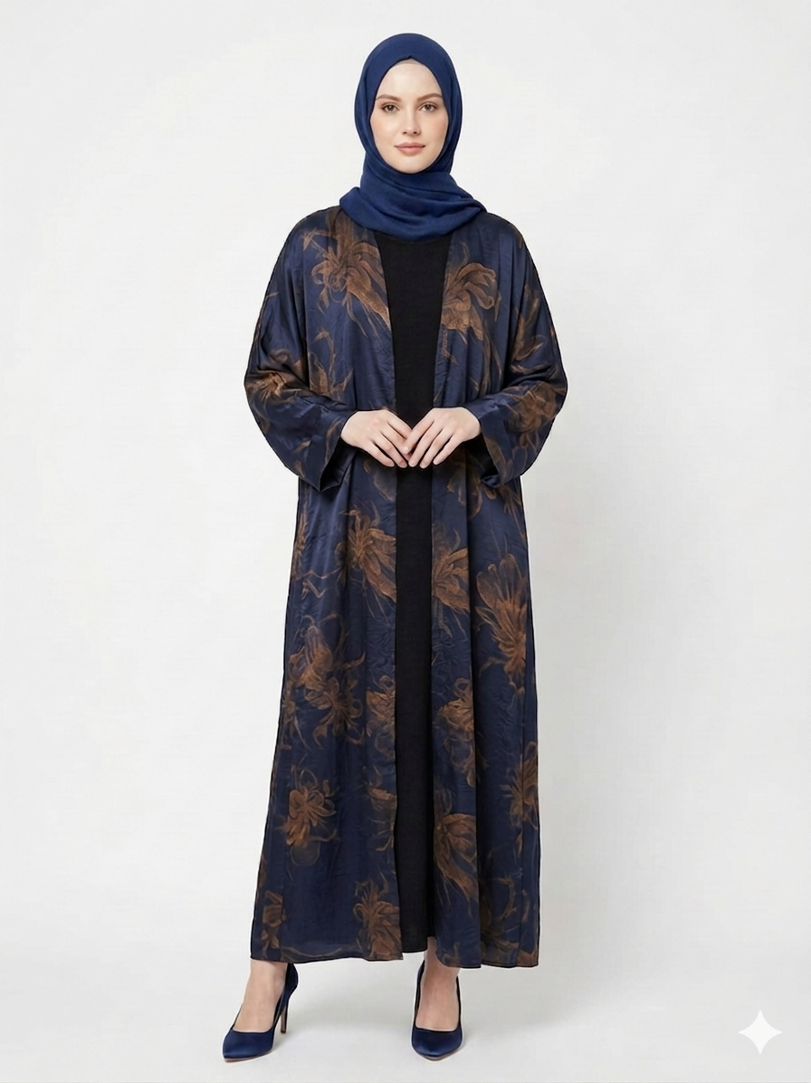 Glamoura X Midnight Navy Gold Satin Kimono Abaya