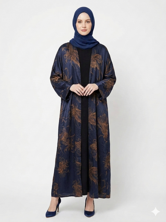 Glamoura X Midnight Navy Gold Satin Kimono Abaya