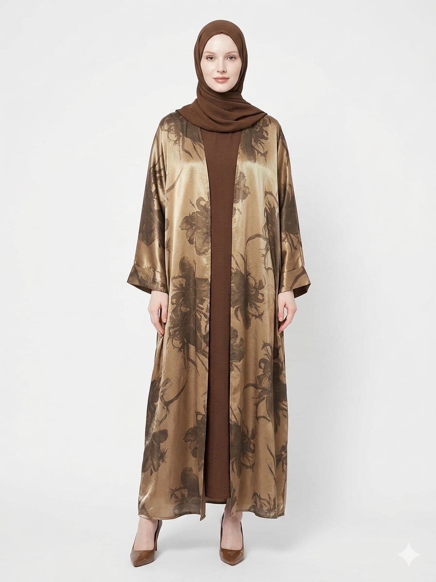 Glamoura X Golden Bronze Satin Kimono Modest Abaya