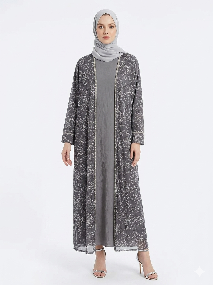Glamoura X Silver Grey Flora Sheer Kimono Elegant Abaya