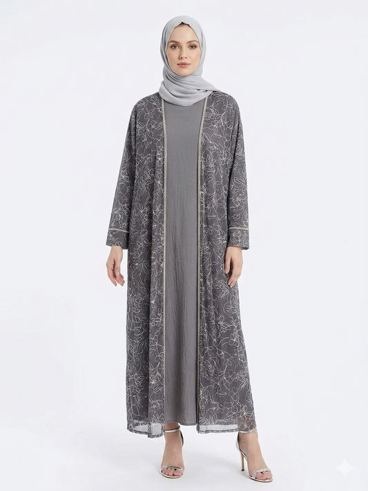 Glamoura X Silver Grey Flora Sheer Kimono Elegant Abaya