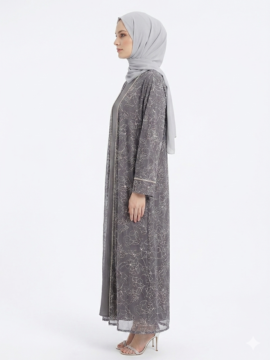 Glamoura X Silver Grey Flora Sheer Kimono Elegant Abaya