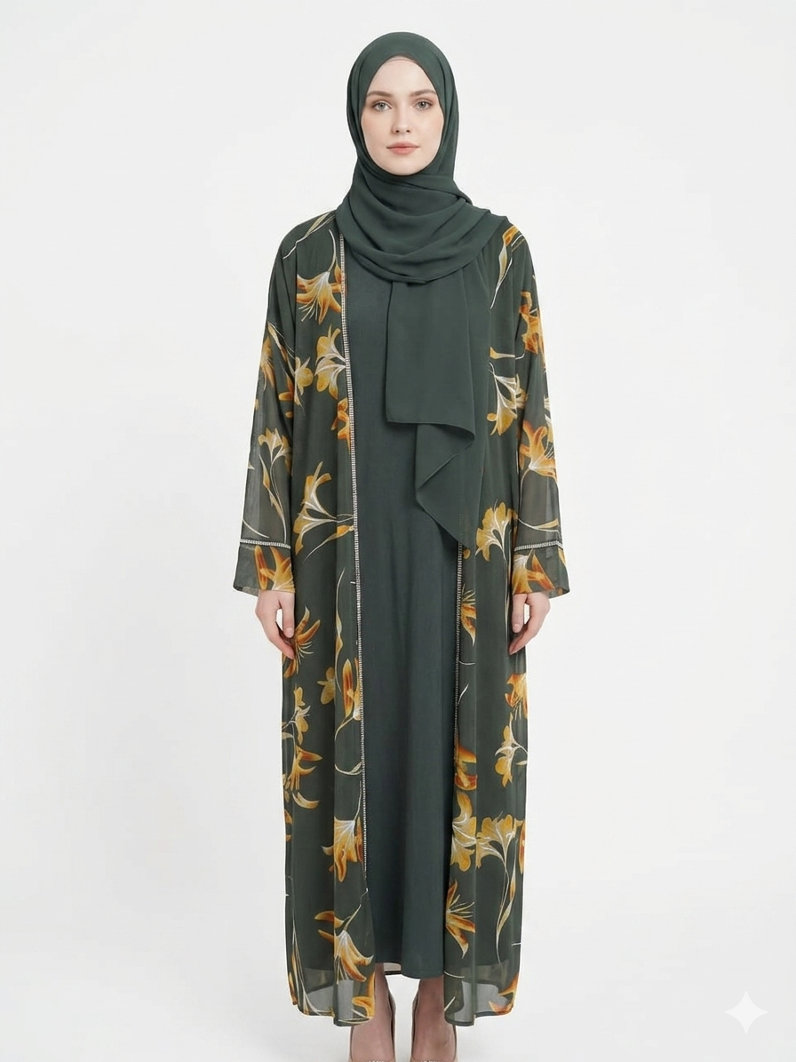 Glamoura X Sage Bloom Sheer Floral Kimono Abaya