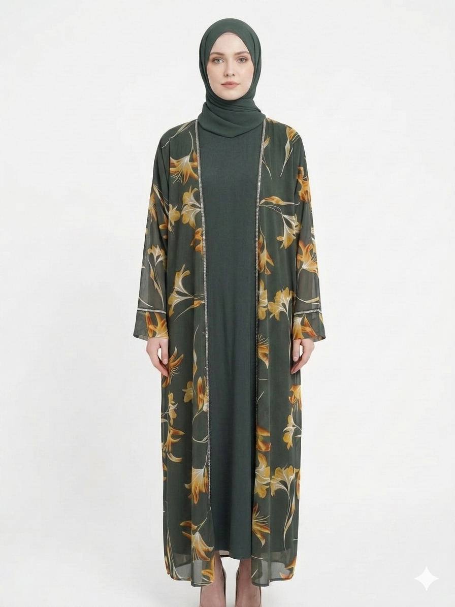 Glamoura X Sage Bloom Sheer Floral Kimono Abaya