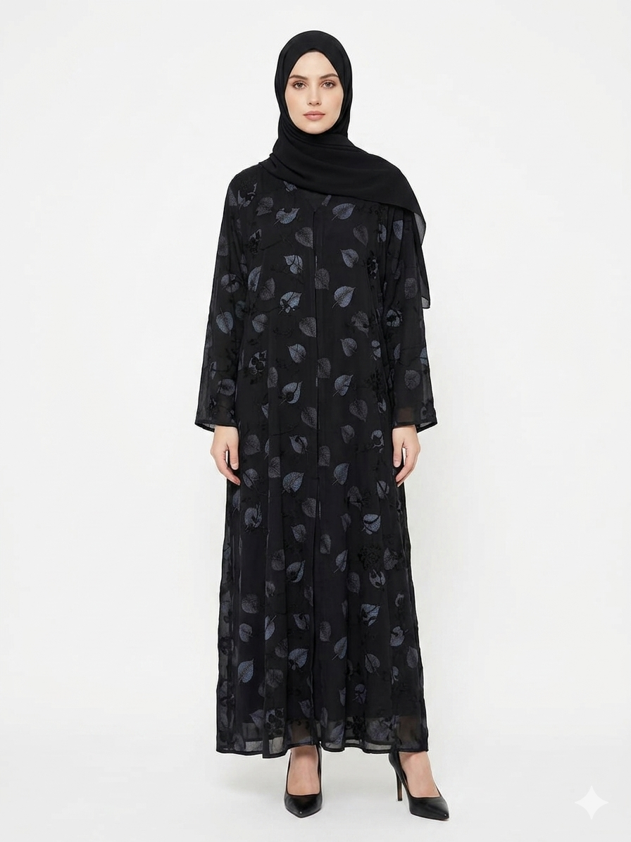 Glamoura X Midnight Foliage Leaf Embroidered Abaya Set