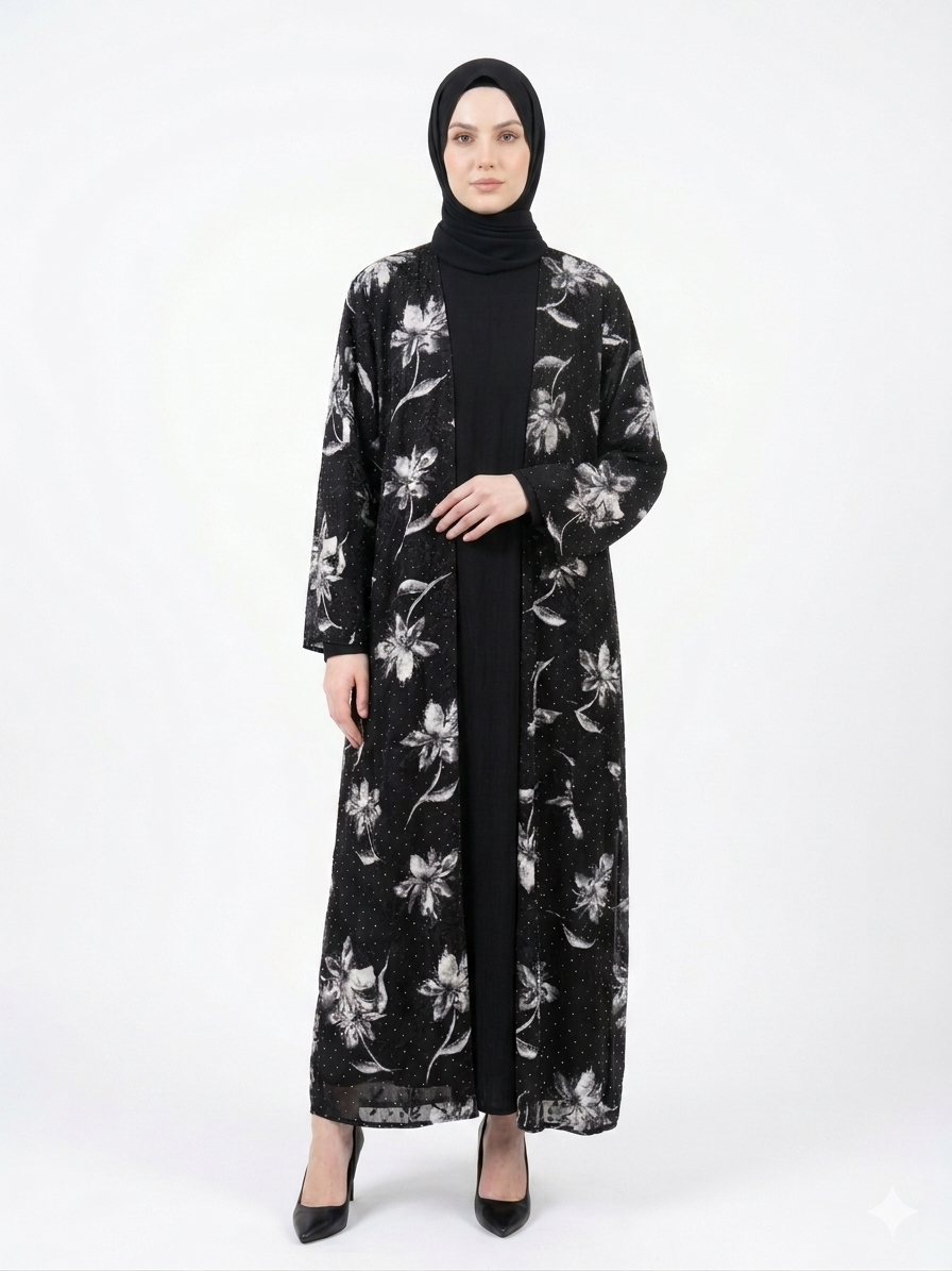 Glamoura X Midnight Black and White Flora Sheer Kimono Abaya