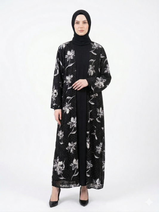 Glamoura X Midnight Black and White Flora Sheer Kimono Abaya