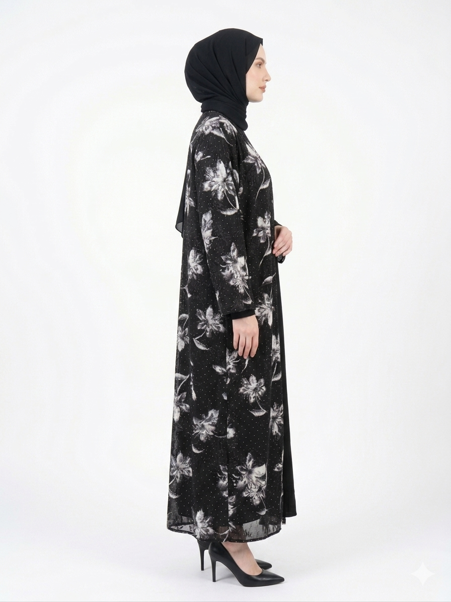 Glamoura X Midnight Black and White Flora Sheer Kimono Abaya