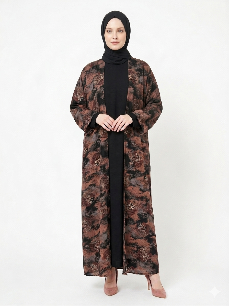 Glamoura X Chocolate & Black Printed Elegant Nida Abaya