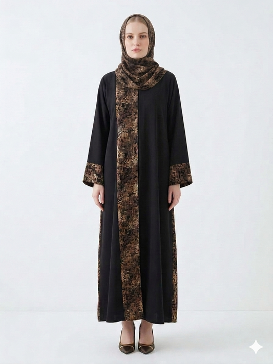 Glamoura X Pashmina Nida Black and Brown Print Abaya