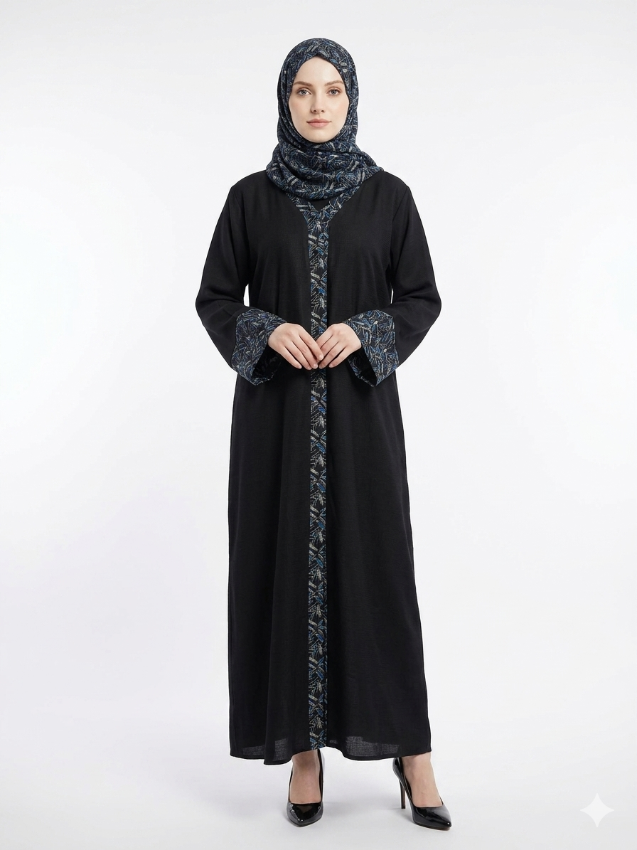 Glamoura X Black and Blue Pashmina Print Nida Abaya