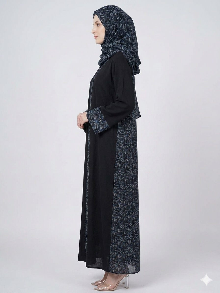 Glamoura X Black and Blue Pashmina Print Nida Abaya