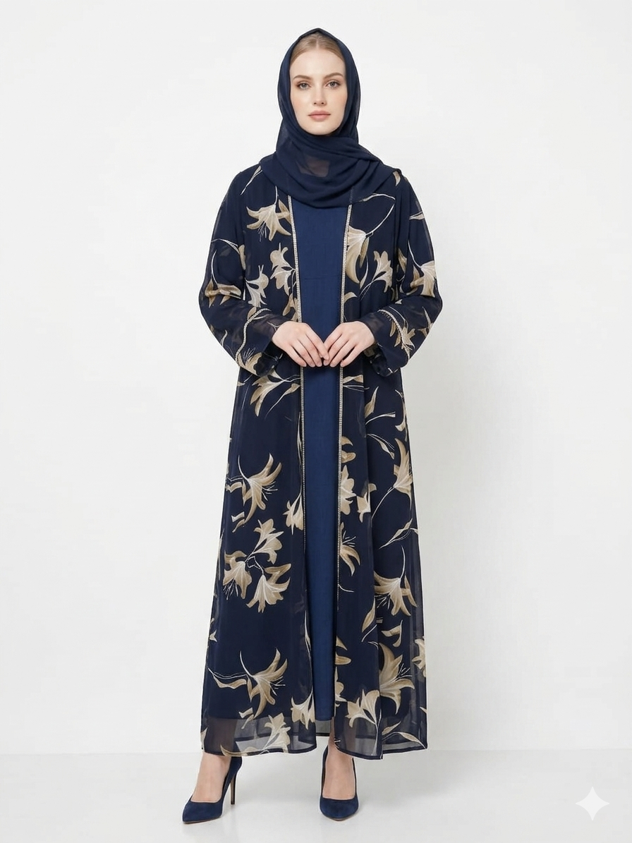Glamoura X Navy Bloom Sheer Floral Kimono Modest Abaya
