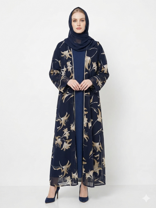 Glamoura X Navy Bloom Sheer Floral Kimono Modest Abaya