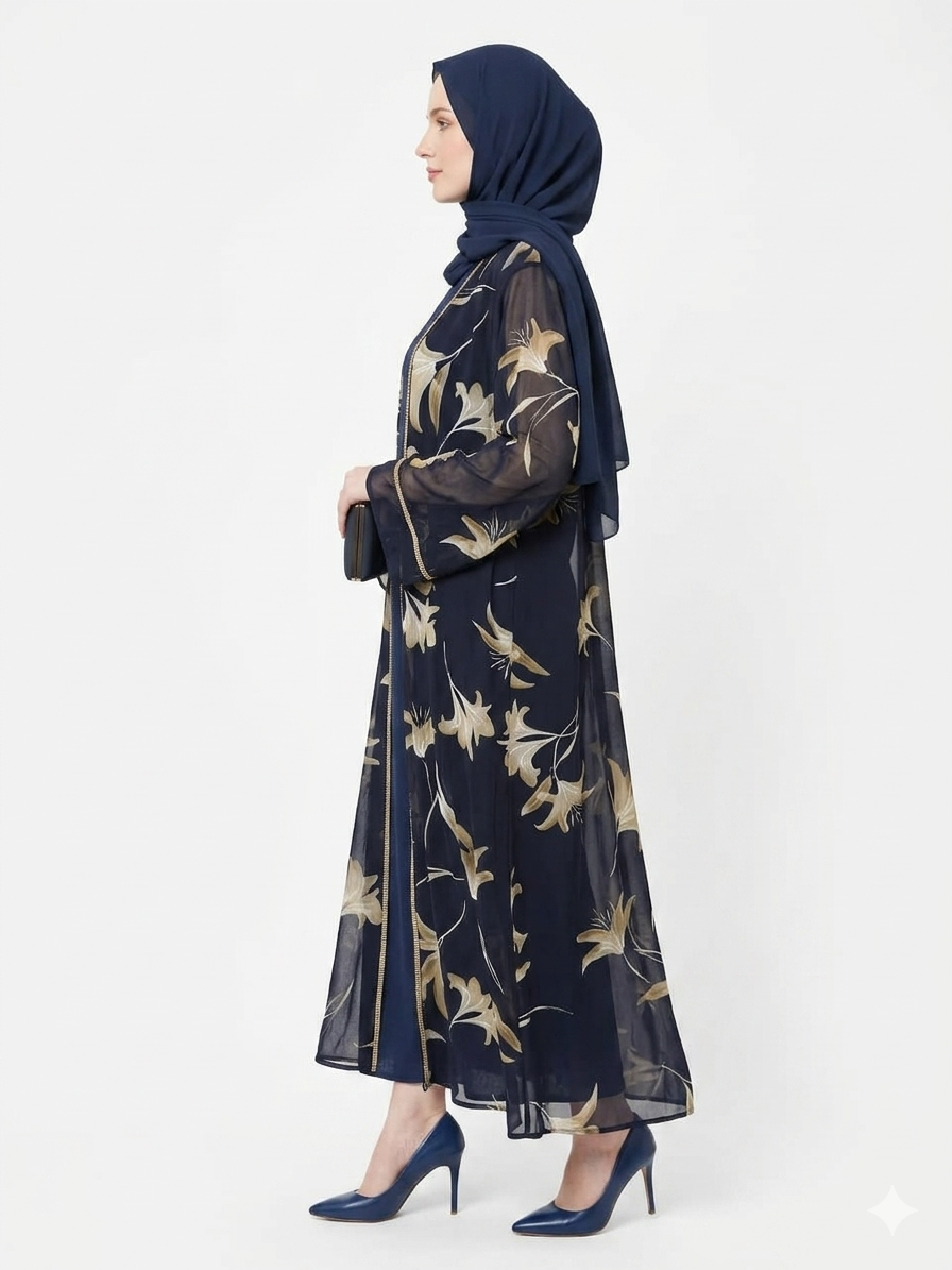 Glamoura X Navy Bloom Sheer Floral Kimono Modest Abaya