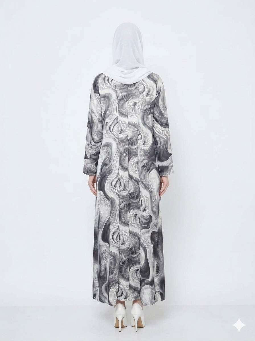 Glamoura X Bianco Grey and White Swirl Satin Kimono Abaya