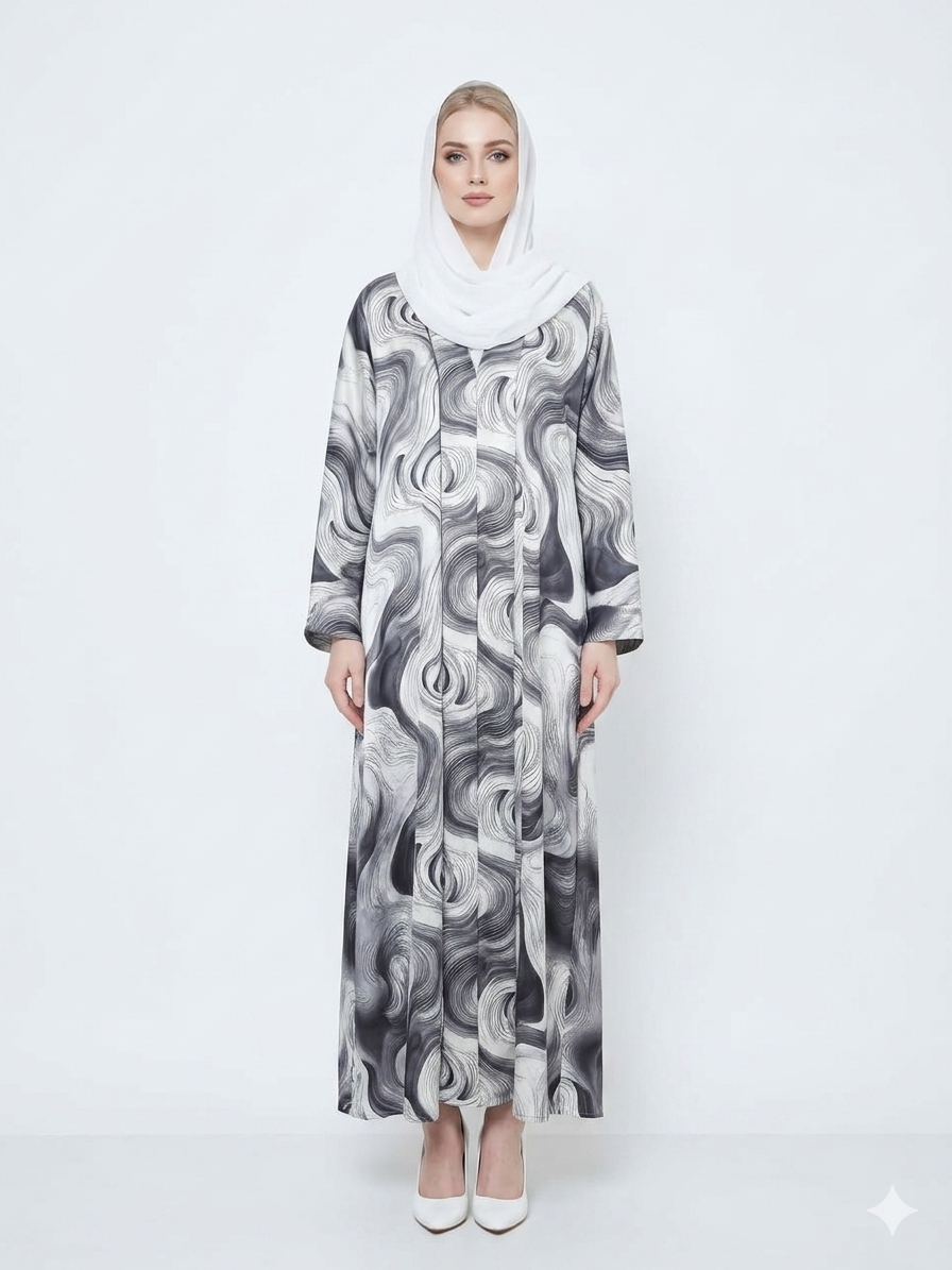 Glamoura X Bianco Grey and White Swirl Satin Kimono Abaya
