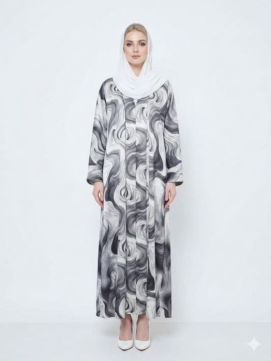 Glamoura X Bianco Grey and White Swirl Satin Kimono Abaya