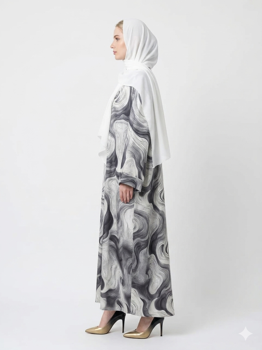 Glamoura X Bianco Grey and White Swirl Satin Kimono Abaya