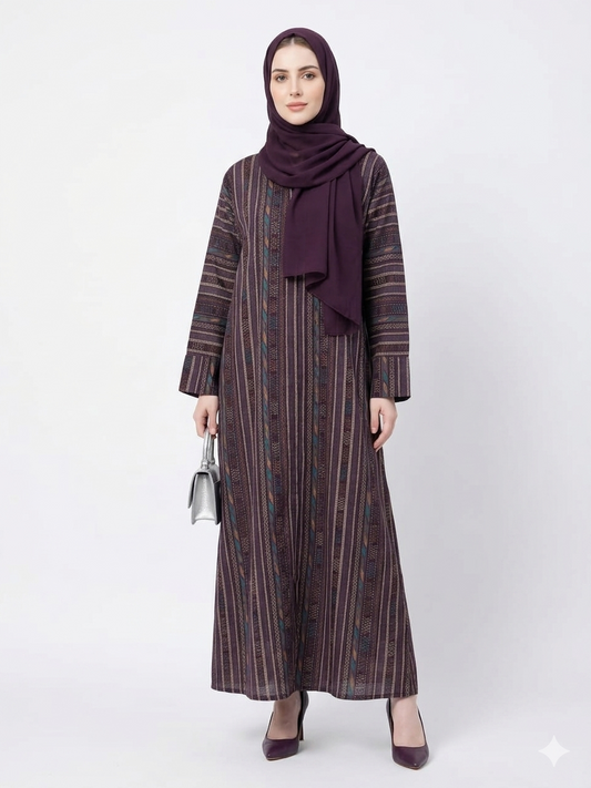 GLAMOURA X Amethyst Heritage Cotton Purple Abaya | Woven Geometric Pattern & Matching Hijab