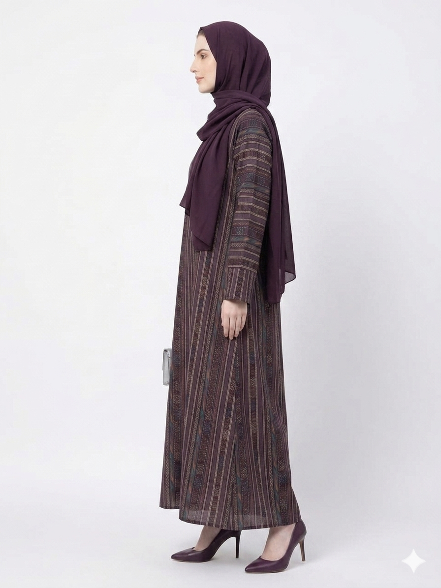 GLAMOURA X Amethyst Heritage Cotton Purple Abaya | Woven Geometric Pattern & Matching Hijab
