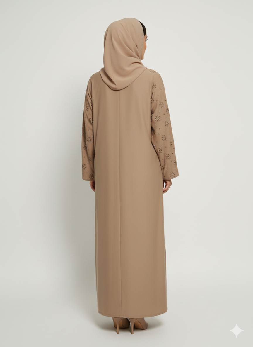 Taupe Nida Abaya | Star/Floral Silver Embellished Silhouette Dress | Glamoura X Modest Luxury