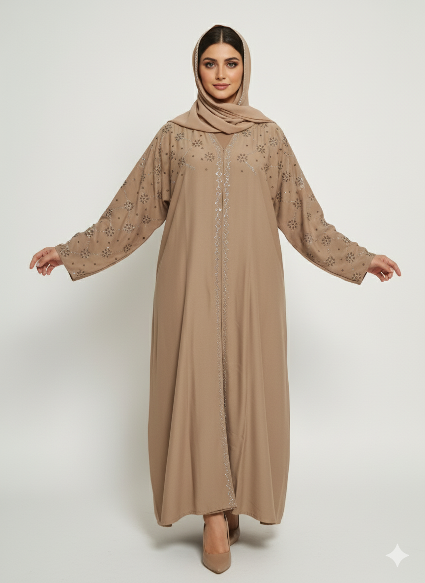 Taupe Nida Abaya | Star/Floral Silver Embellished Silhouette Dress | Glamoura X Modest Luxury