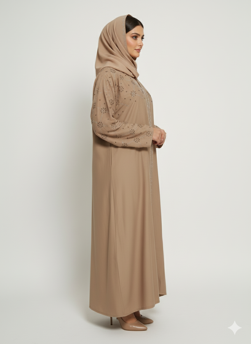Taupe Nida Abaya | Star/Floral Silver Embellished Silhouette Dress | Glamoura X Modest Luxury