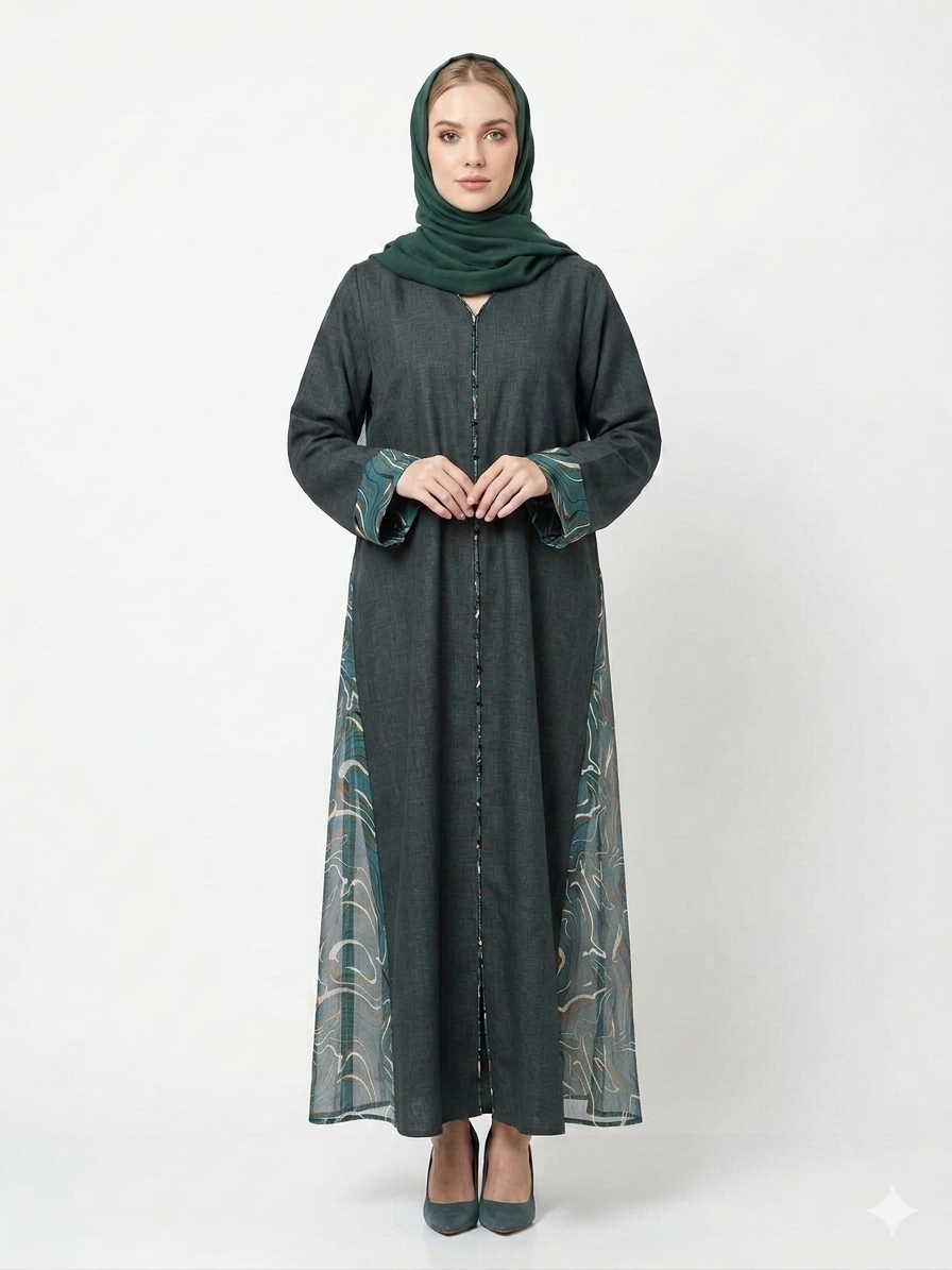 Glamoura X Emerald Fusion Textured Cotton & Sheer Side Chiffon Abaya