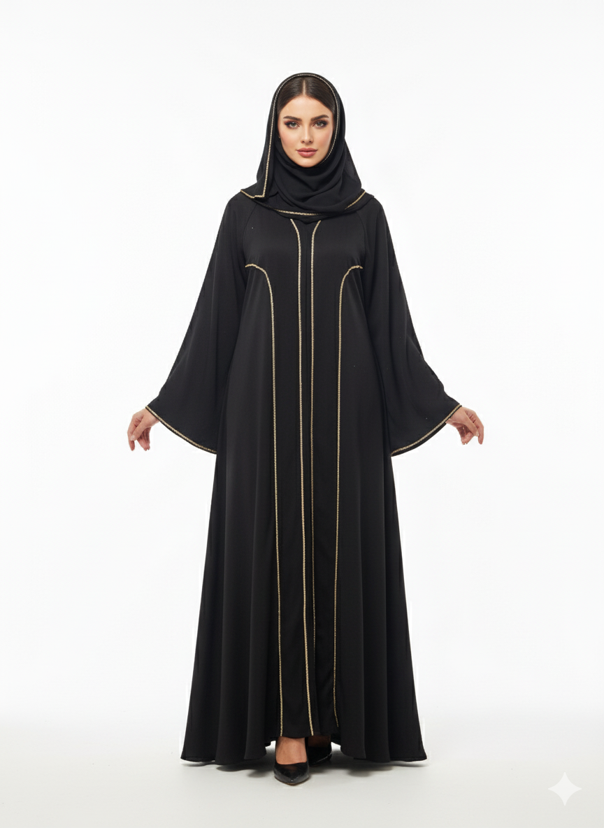 Black Abaya with Gold Ribbon Trim and Bell Sleeves – Glamoura X