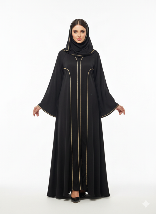 Black Abaya with Gold Ribbon Trim and Bell Sleeves – Glamoura X