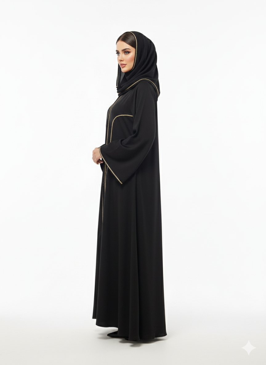 Black Abaya with Gold Ribbon Trim and Bell Sleeves – Glamoura X