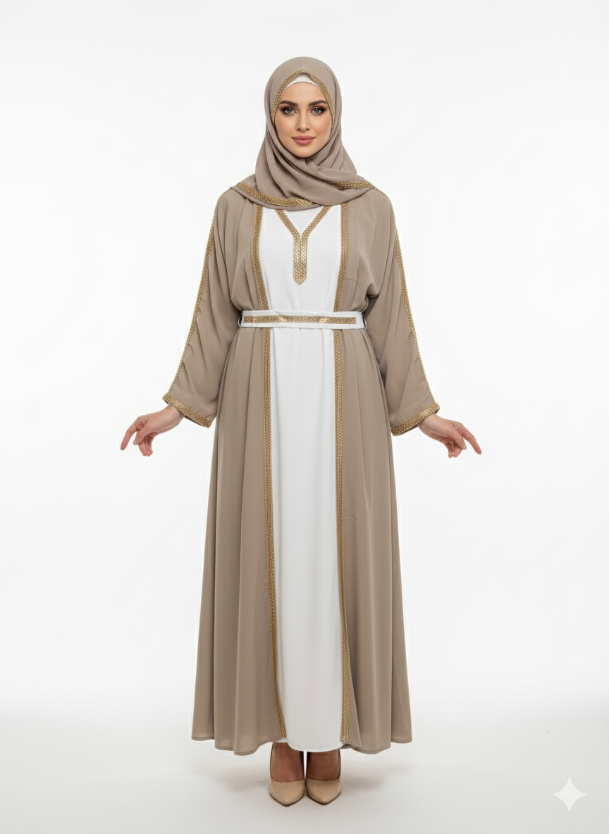 Taupe Open Abaya | Gold Trim Belted | Glamoura X White Inner Dress Modest Fashion