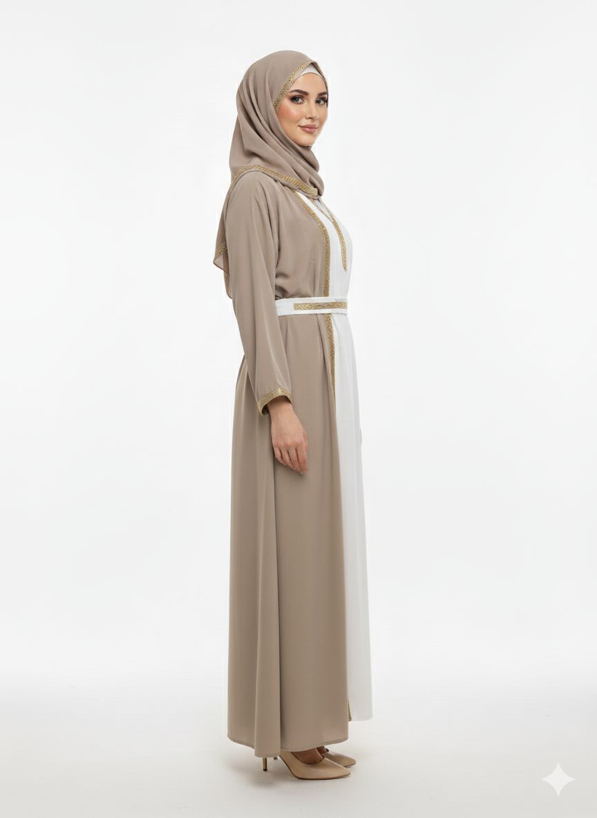 Taupe Open Abaya | Gold Trim Belted | Glamoura X White Inner Dress Modest Fashion