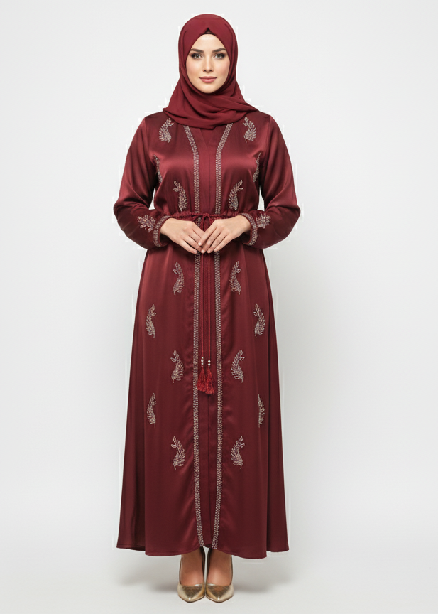 Burgundy Glamoura X Satin Abaya | Silver Floral Embellishment | Tasseled Belt Luxury Modest Dress