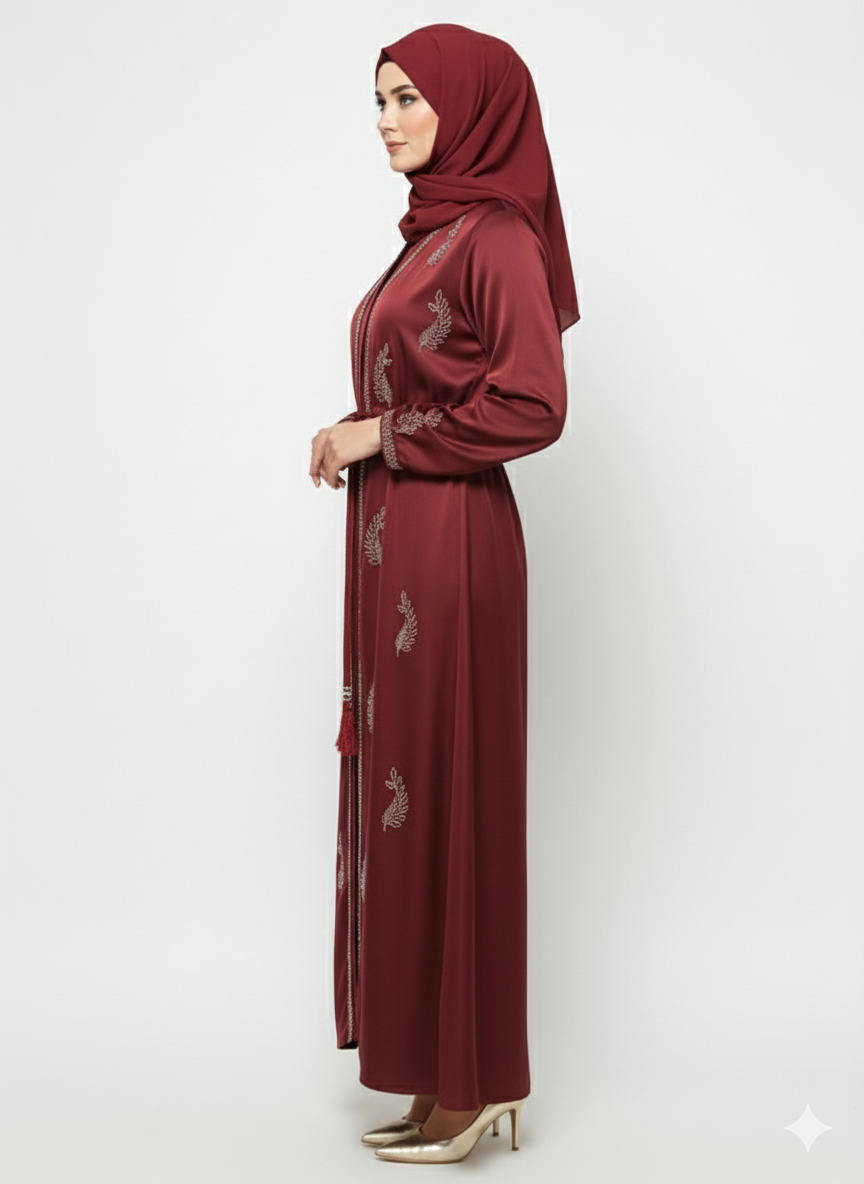 Burgundy Glamoura X Satin Abaya | Silver Floral Embellishment | Tasseled Belt Luxury Modest Dress