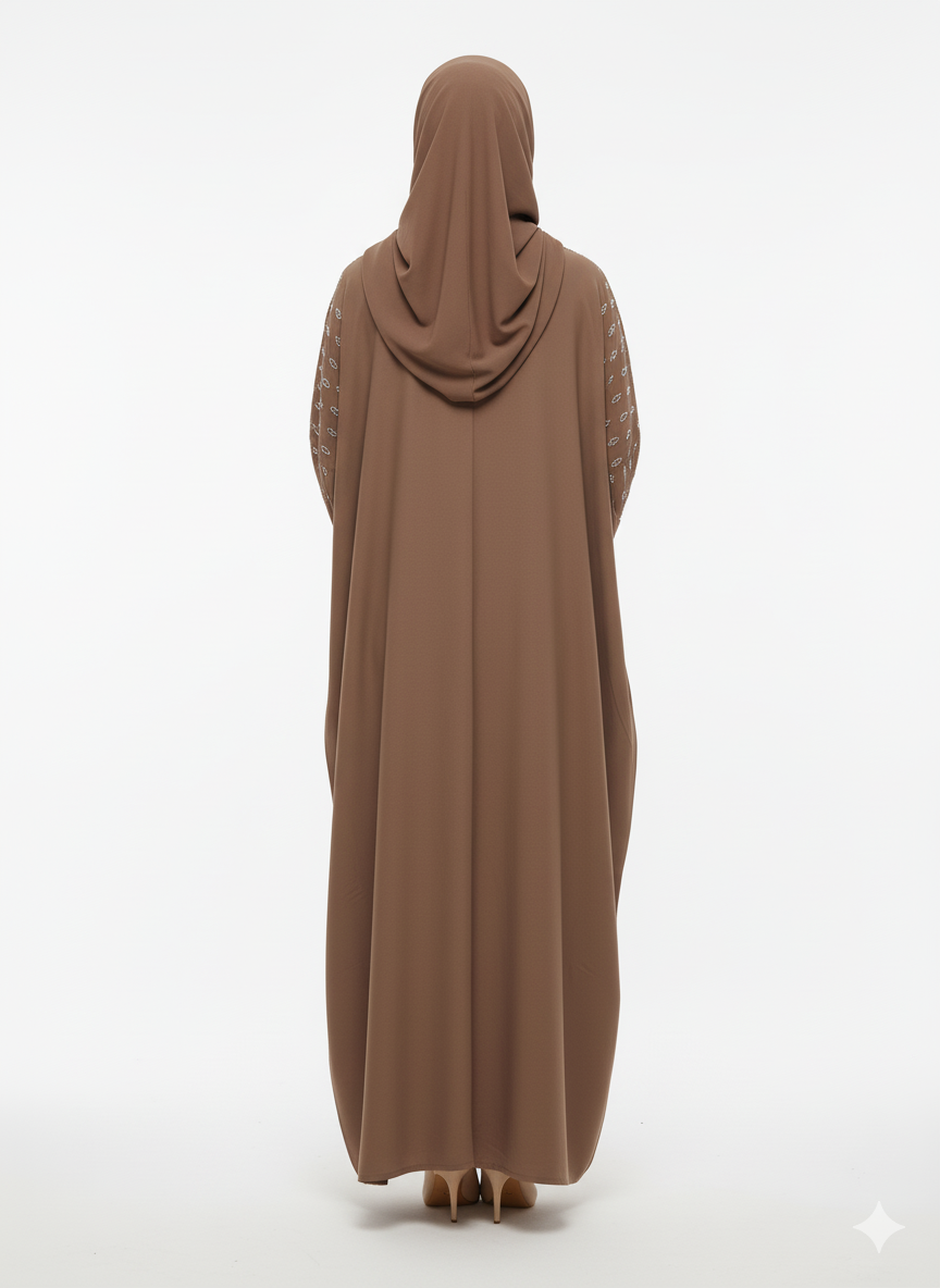 Glamoura X Brown Abaya | Silver Embellished Hood & Shoulders | Batwing Silhouette Modest Dress
