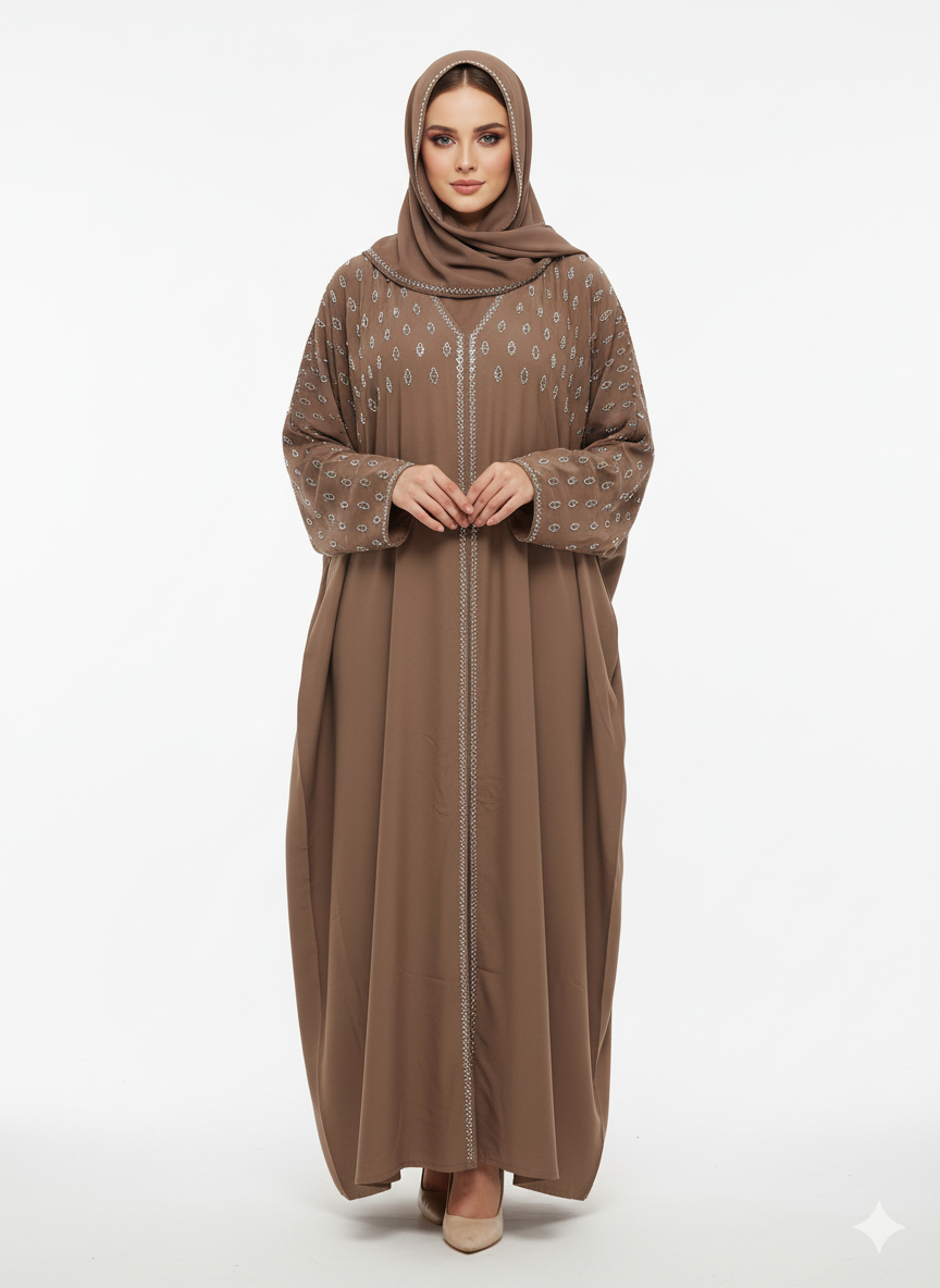 Glamoura X Brown Abaya | Silver Embellished Hood & Shoulders | Batwing Silhouette Modest Dress