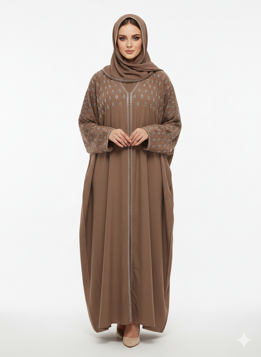 Glamoura X Brown Abaya Silver Embellished Hood & Shoulders | Batwing Silhouette Modest Dress
